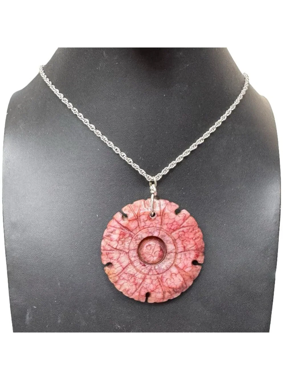 Vtg Rhodochrosite Sterling Silver Chain Necklace Stone Pendant Carved Amulet 18" - Picture 1 of 14